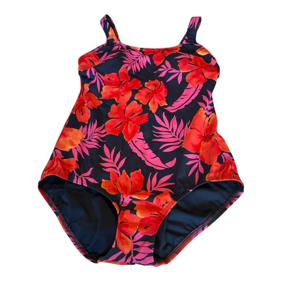 Lands’ End One piece tropical floral full bottom red-orange UV Swimsuit 8P - Picture 6 of 11